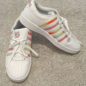 -K Swiss "Wearing is believing" neon rainbow striped leather sneakers